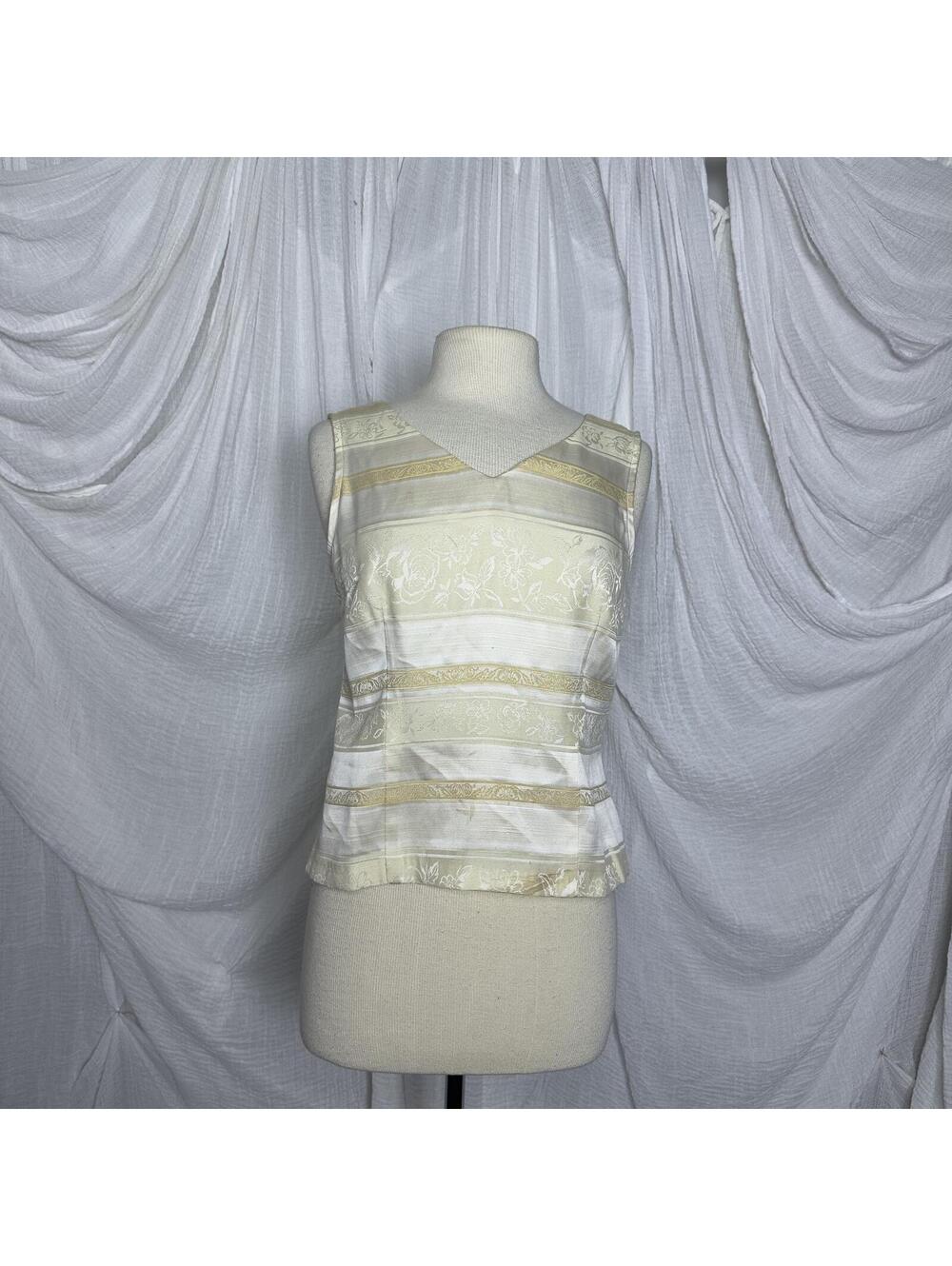 Vintage Minimalist Indie Boho Sleeveless Cream and Yellow Striped V-Neck Top